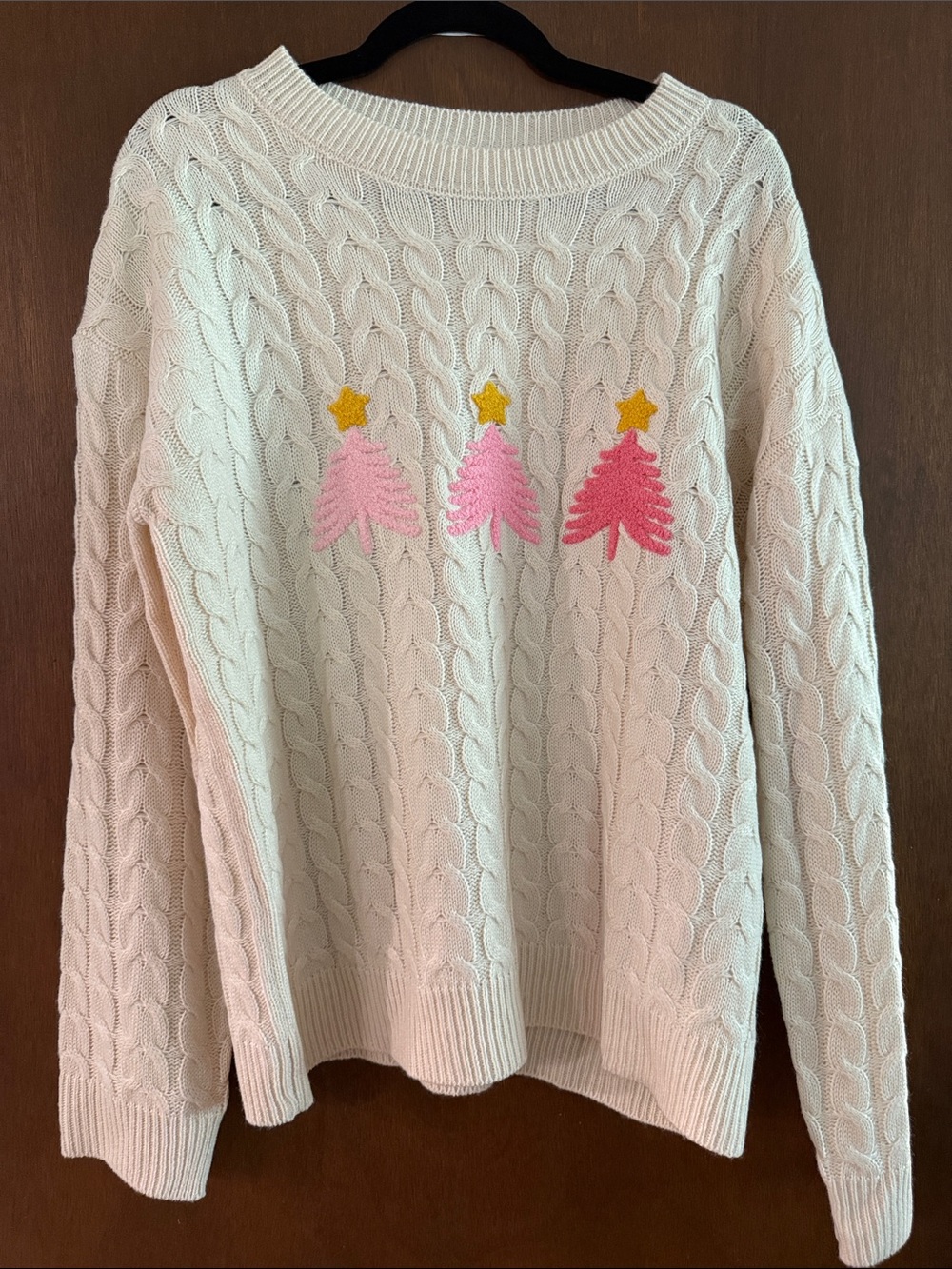Cream Cable-Knit Sweater with Pink Tree Motifs